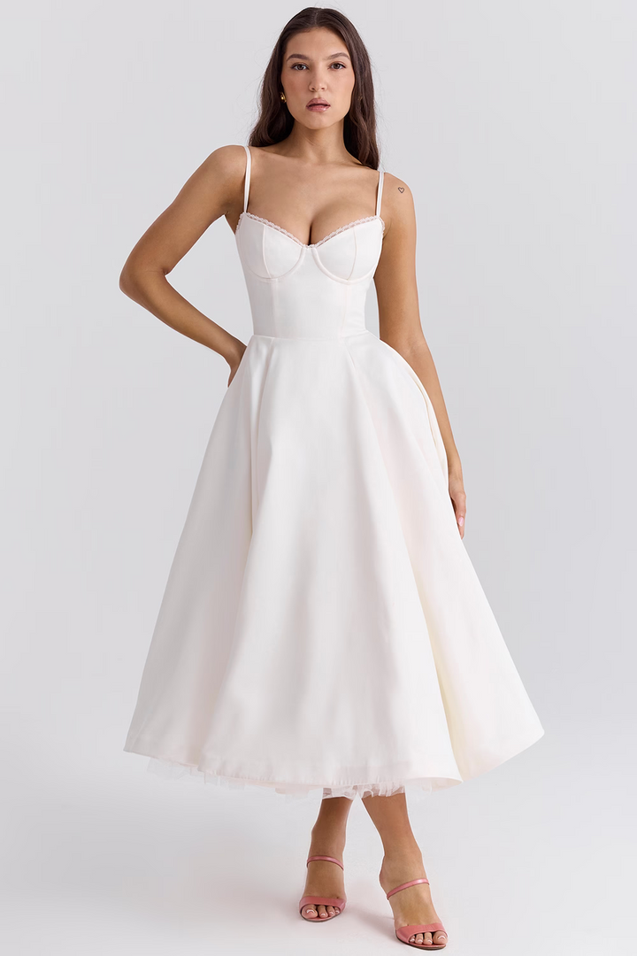 Damen Tüllkleid Elegant &amp; Feminin | Midikleid mit Verstellbaren Trägern | Romantisches Abendkleid für Hochzeiten &amp; Partys