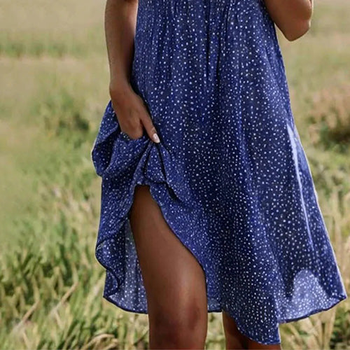 Blaues Damen Midikleid mit Kragen &amp; Kurzarm | A-Linie mit Print | Viskose-Elasthan-Mix, bequem &amp; stretchig | S–XXL