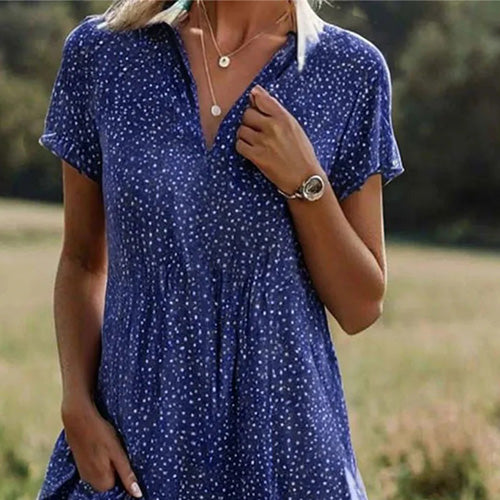 Blaues Damen Midikleid mit Kragen &amp; Kurzarm | A-Linie mit Print | Viskose-Elasthan-Mix, bequem &amp; stretchig | S–XXL