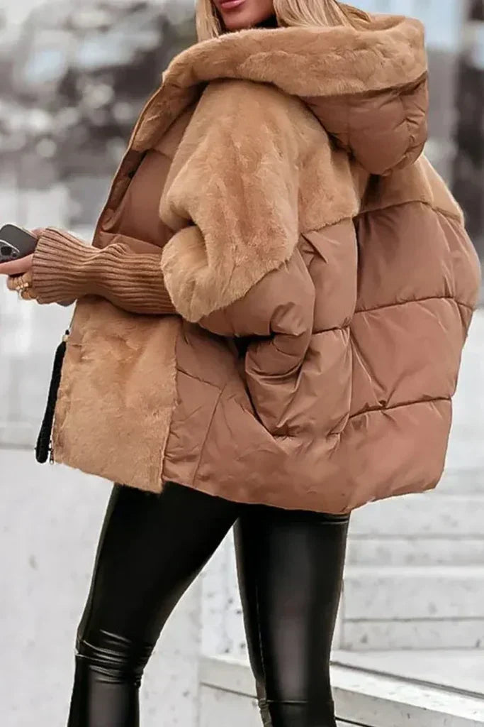 Damen Winterjacke mit Kapuze | Warme Oversize-Jacke mit weichem Pelzkragen, Bündchen und praktischen Taschen für kalte Tage