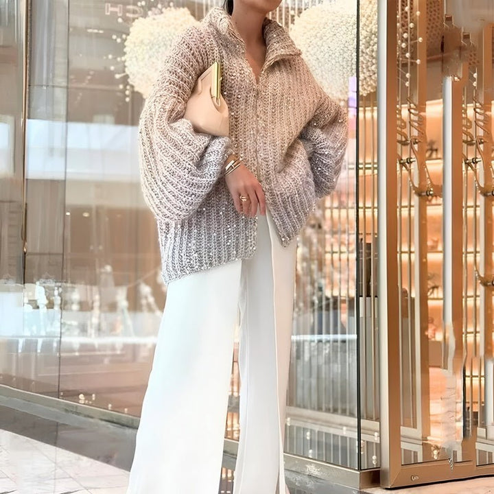 Damen Glitzer Pullover | Grobstrick mit Reißverschluss &amp; lockerer Passform für Herbst und Winter