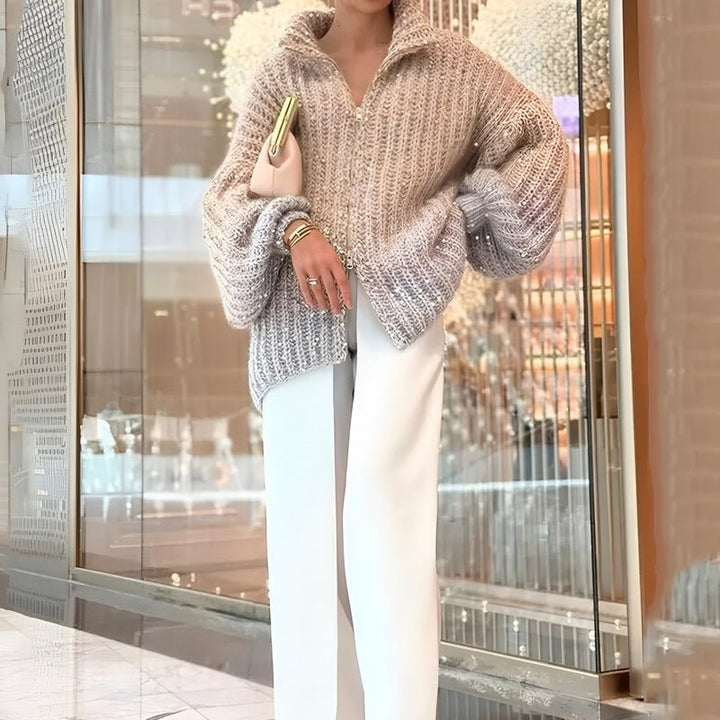 Damen Glitzer Pullover | Grobstrick mit Reißverschluss &amp; lockerer Passform für Herbst und Winter