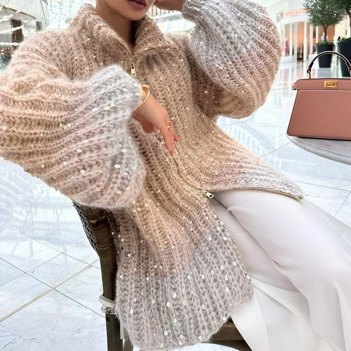 Damen Glitzer Pullover | Grobstrick mit Reißverschluss &amp; lockerer Passform für Herbst und Winter