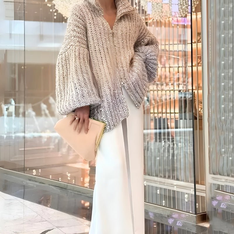 Damen Glitzer Pullover | Grobstrick mit Reißverschluss &amp; lockerer Passform für Herbst und Winter