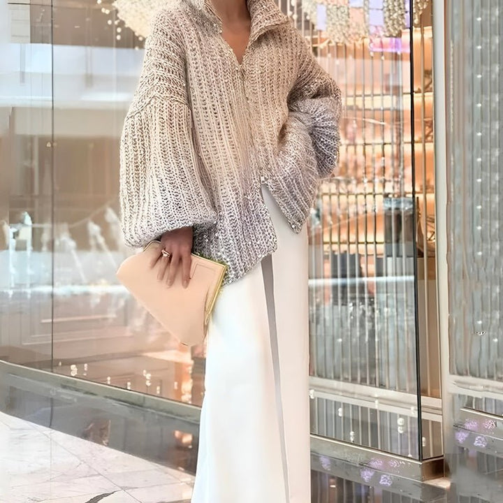 Damen Glitzer Pullover | Grobstrick mit Reißverschluss &amp; lockerer Passform für Herbst und Winter