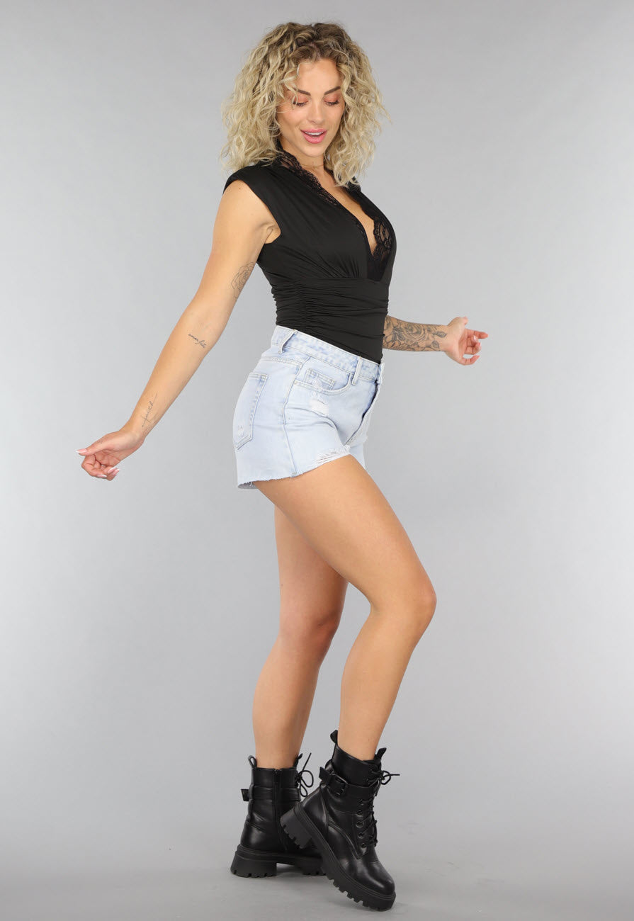 Damen Bodysuit mit Spitzenbesatz und V-Ausschnitt | Ärmelloser Stretch-Body mit Schulterpolstern und verstellbarem Druckknopfverschluss