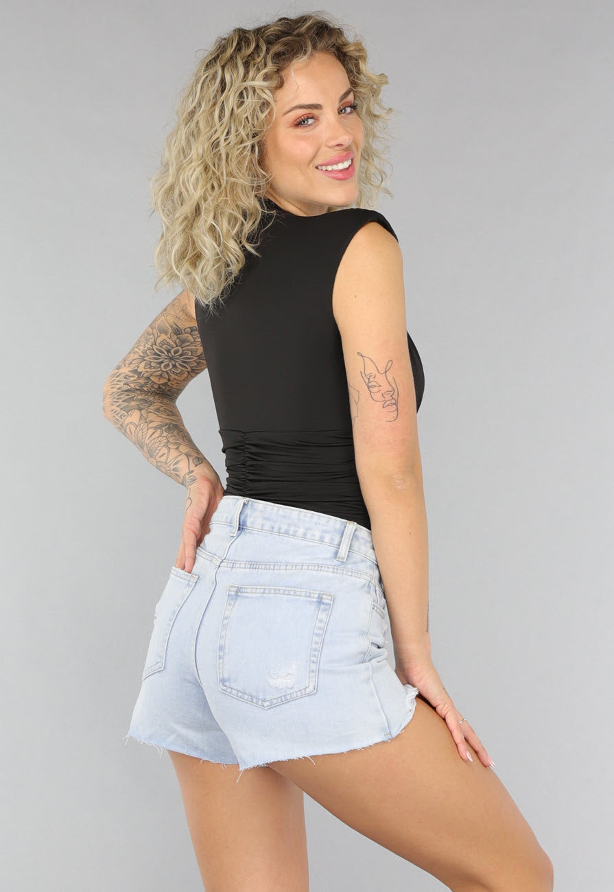 Damen Bodysuit mit Spitzenbesatz und V-Ausschnitt | Ärmelloser Stretch-Body mit Schulterpolstern und verstellbarem Druckknopfverschluss